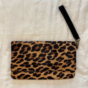 vintage leopard print calf hair clutch with suede wrist handle NWOT